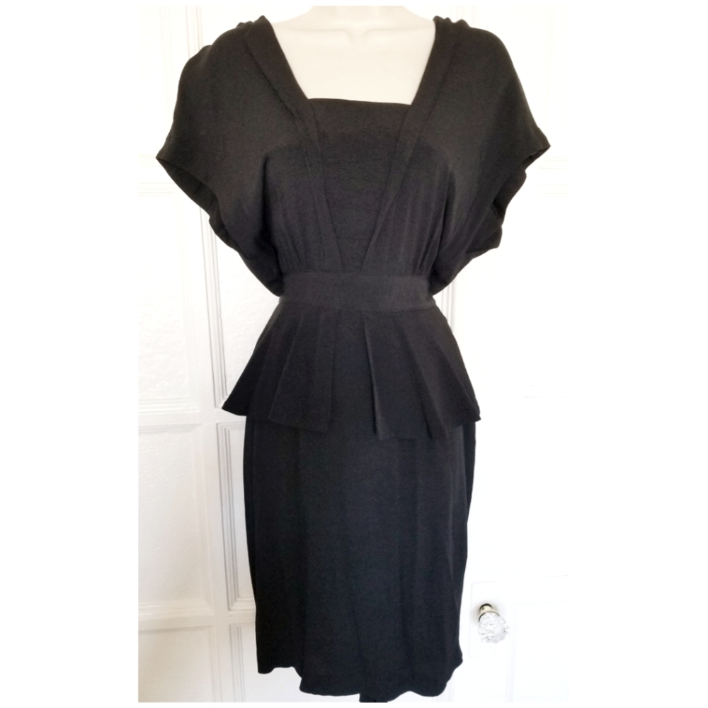 Vintage 80s Does 40s Black Peplum Dress Cutout Back Nipped Waist Size S